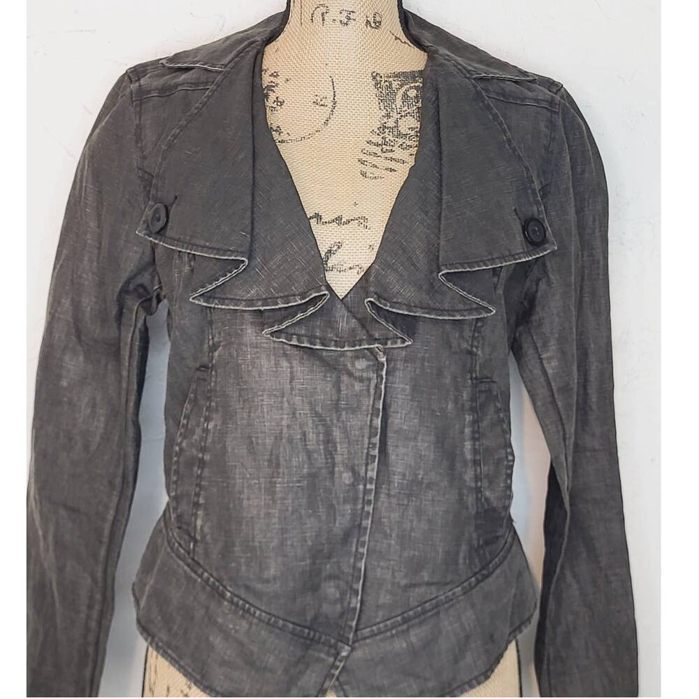 CAbi Charcoal Coated Linen Draped Ruffle Collar Cropped Moto Jacket Medium - Picture 3 of 13